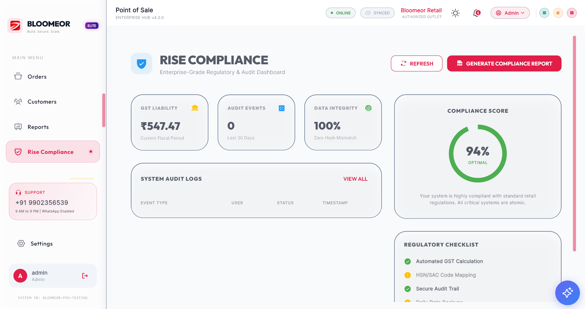 Bloomeor compliance management screen