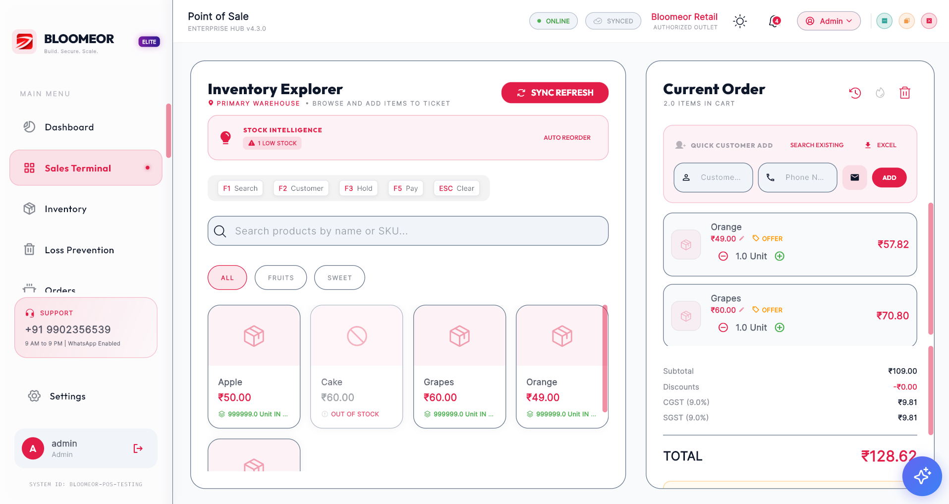 Bloomeor POS terminal interface for billing and checkout